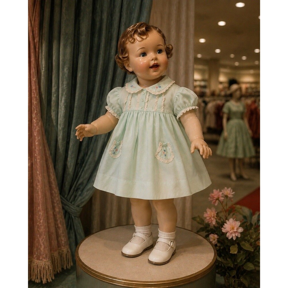 Vintage 1950s Baby Girl Dress Mint Green Lace Embroidered Pockets 12M